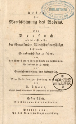 Albrecht Thaer: Ueber die Werthschätzung des Bodens